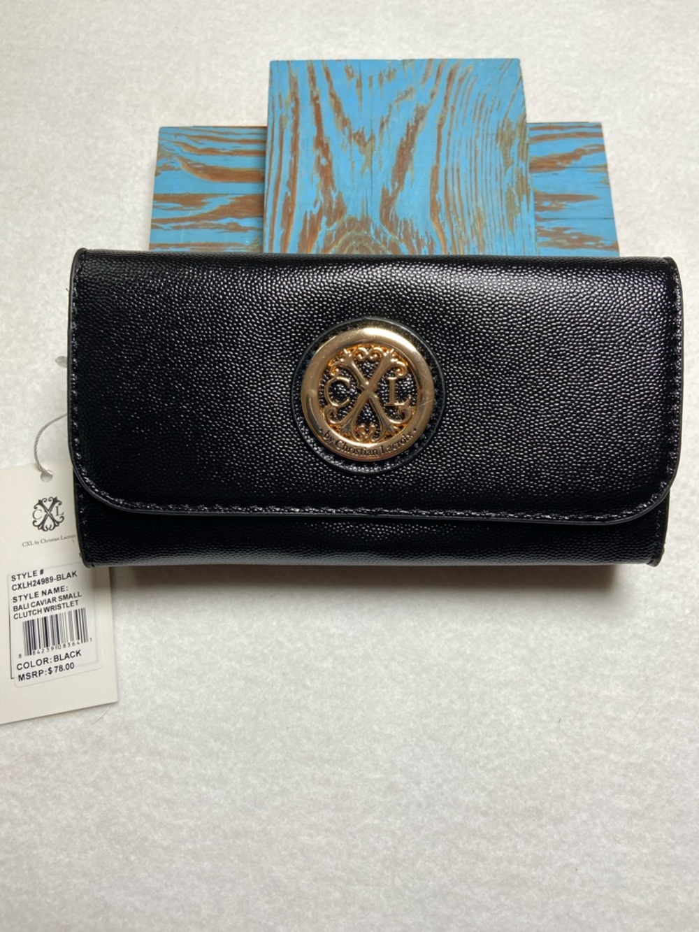 Christian Lacroix Black Faux Leather Clutch Wallet Wristlet NWT‎ Designer Formal